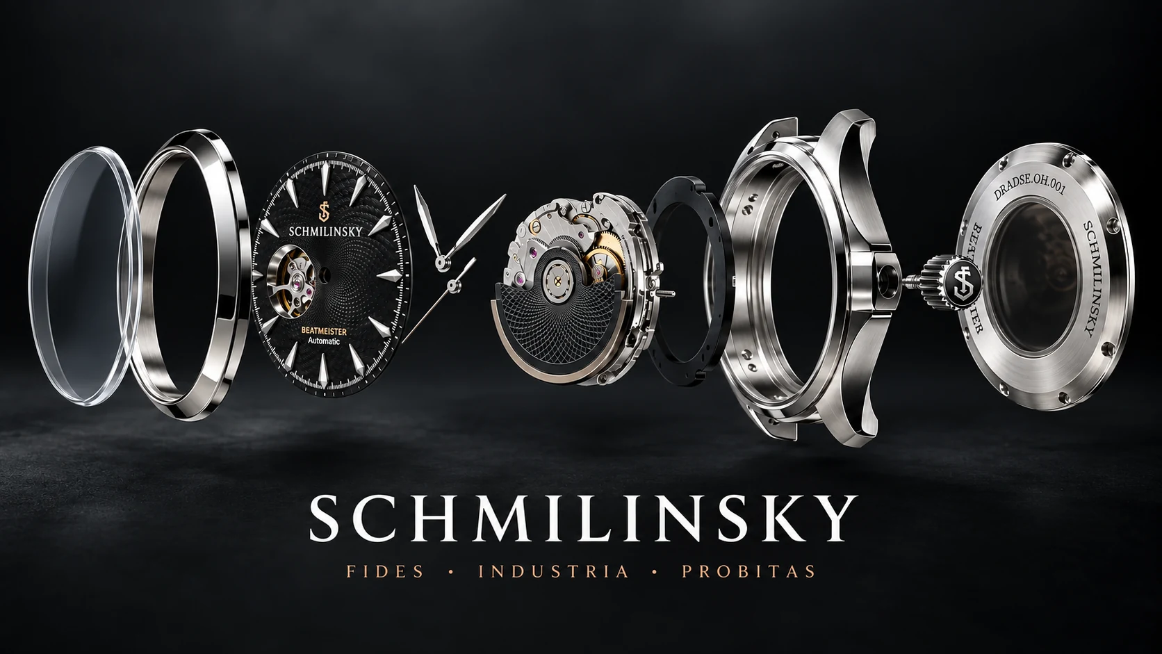 Exploded BEATMEISTER watch with SCHMILINSKY name below the components